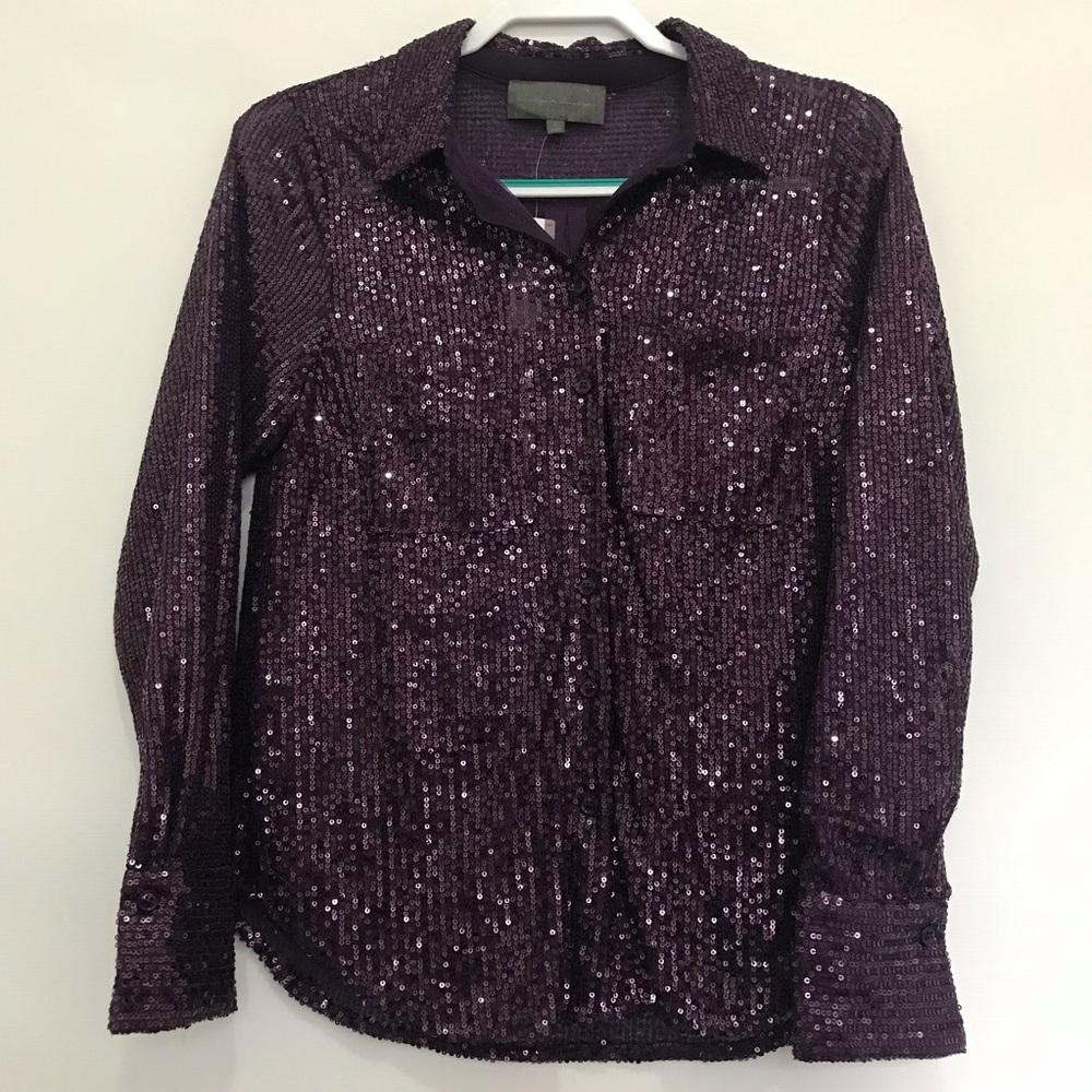 NWT Anthropologie Sunday In Brooklyn Purple Sequin Button-Up Shirt Size S